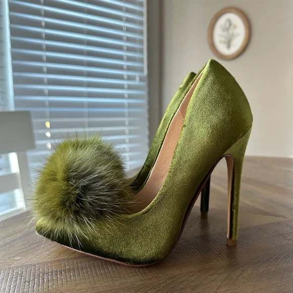 Elegant Green Pom Pom Velvet Women's High Heels - Picture 3 of 6